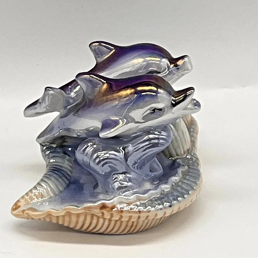 Vintage Lusterware Iridescent Porcelain Dolphins On Seashell Mirtex Trading